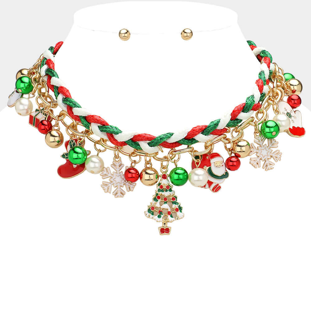 Christmas Charm Bell Embellished Chain Braided Layered Necklace - M H W ACCESSORIES LLC