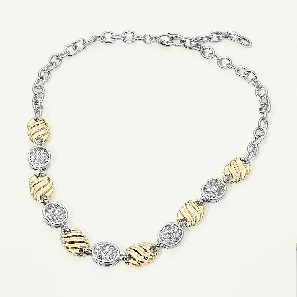 Two Tone 14K Gold Plated CZ Pave Alternating Round Disc and Oval Link Statement Necklace M H W ACCESSORIES LLC Two Tone 14K Gold Plated CZ Pave Alternating Round Disc and Oval Link Statement Necklace