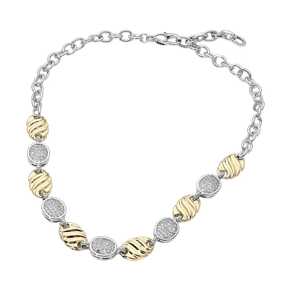 Two Tone 14K Gold Plated CZ Pave Alternating Round Disc and Oval Link Statement Necklace M H W ACCESSORIES LLC Two Tone 14K Gold Plated CZ Pave Alternating Round Disc and Oval Link Statement Necklace
