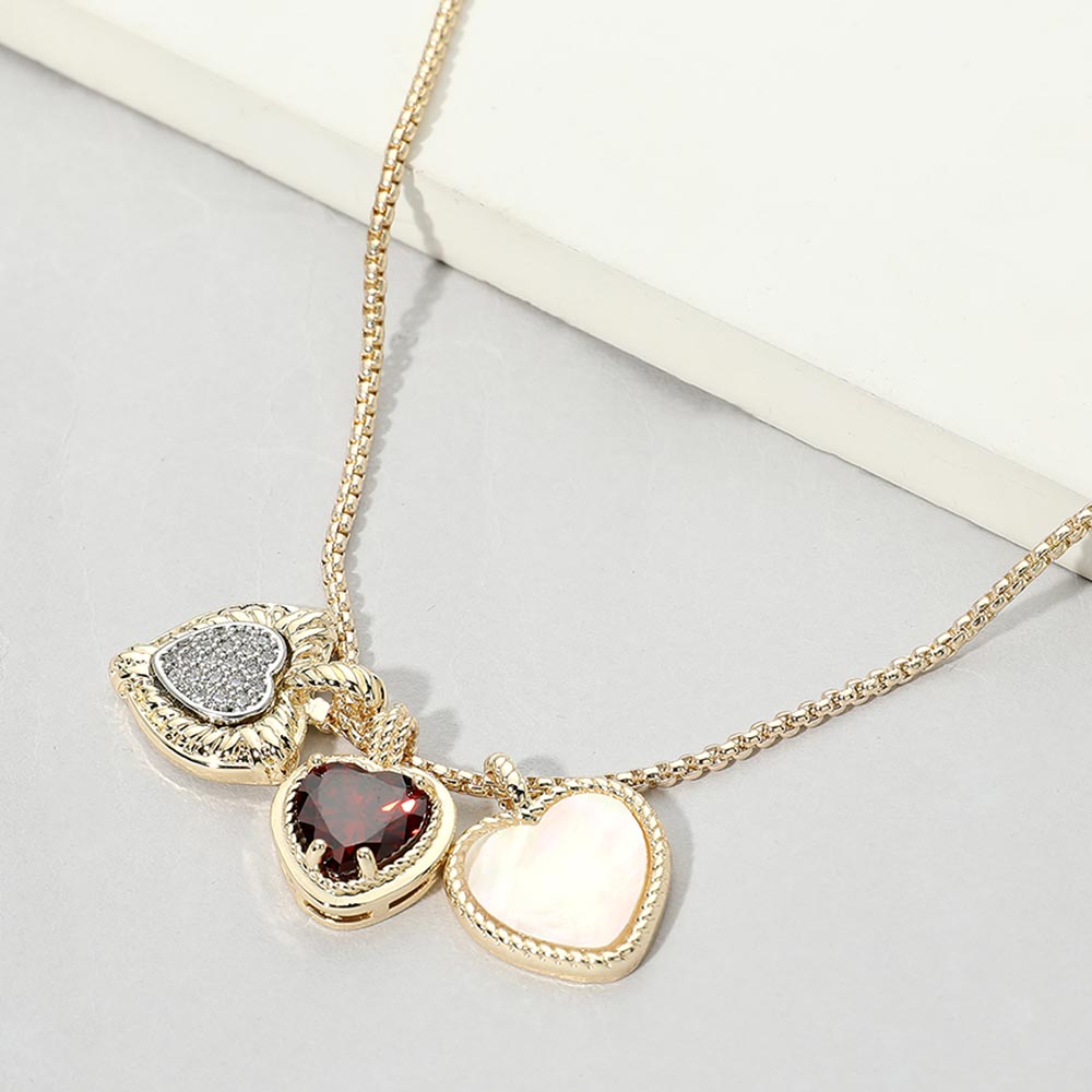 14K Gold Plated Triple CZ Mother of Pearl Heart Charm Pendant Necklace M H W ACCESSORIES LLC 14K Gold Plated Triple CZ Mother of Pearl Heart Charm Pendant Necklace