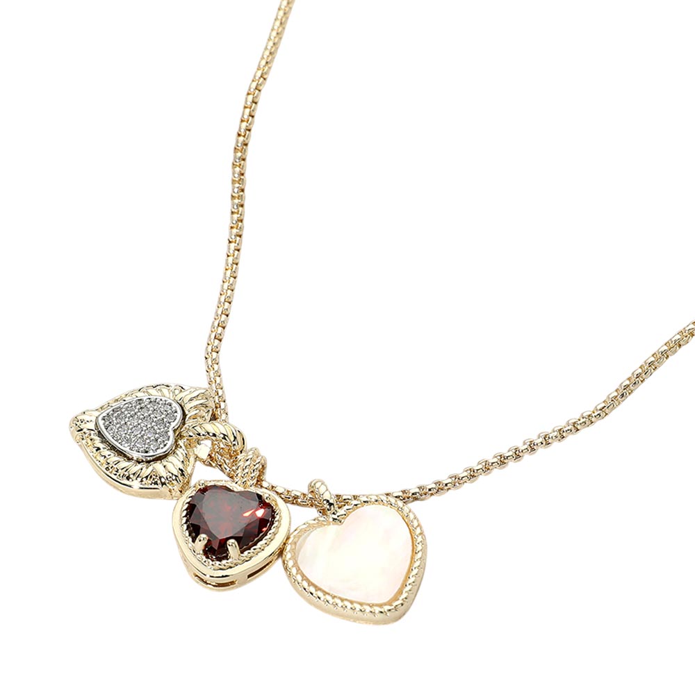 14K Gold Plated Triple CZ Mother of Pearl Heart Charm Pendant Necklace M H W ACCESSORIES LLC 14K Gold Plated Triple CZ Mother of Pearl Heart Charm Pendant Necklace