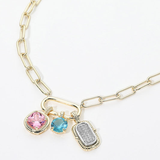 14K Gold Plated CZ Charm Accent Oval Link Necklace M H W ACCESSORIES LLC 14K Gold Plated CZ Charm Accent Oval Link Necklace