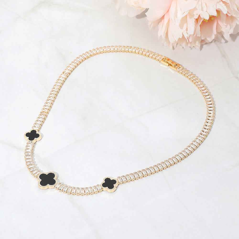 Quatrefoil Charm Station CZ Baguette Cluster Link Necklace