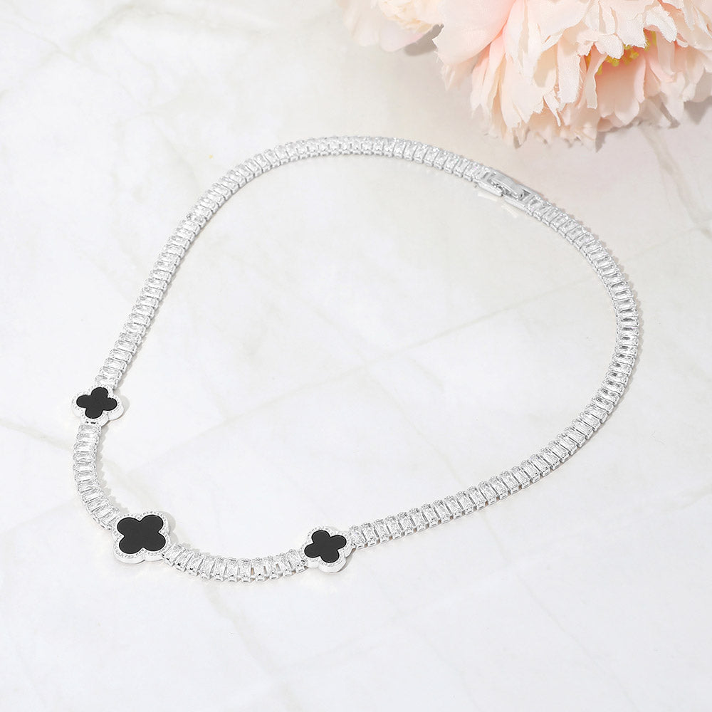 Quatrefoil Rhodium Charm Station CZ Baguette Cluster Link Necklace
