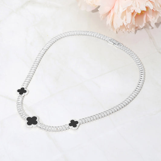 Quatrefoil Rhodium Charm Station CZ Baguette Cluster Link Necklace