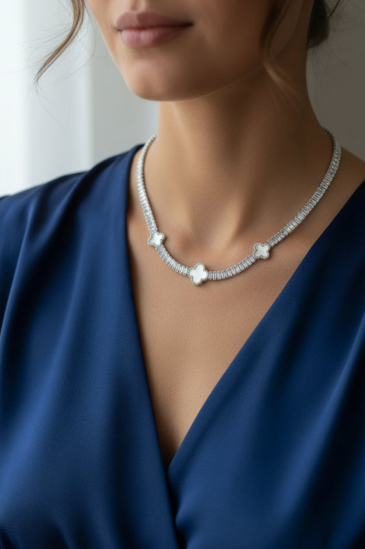 Quatrefoil Charm Station CZ Baguette Cluster Link Necklace M H W ACCESSORIES LLC Quatrefoil Charm Station CZ Baguette Cluster Link Necklace
