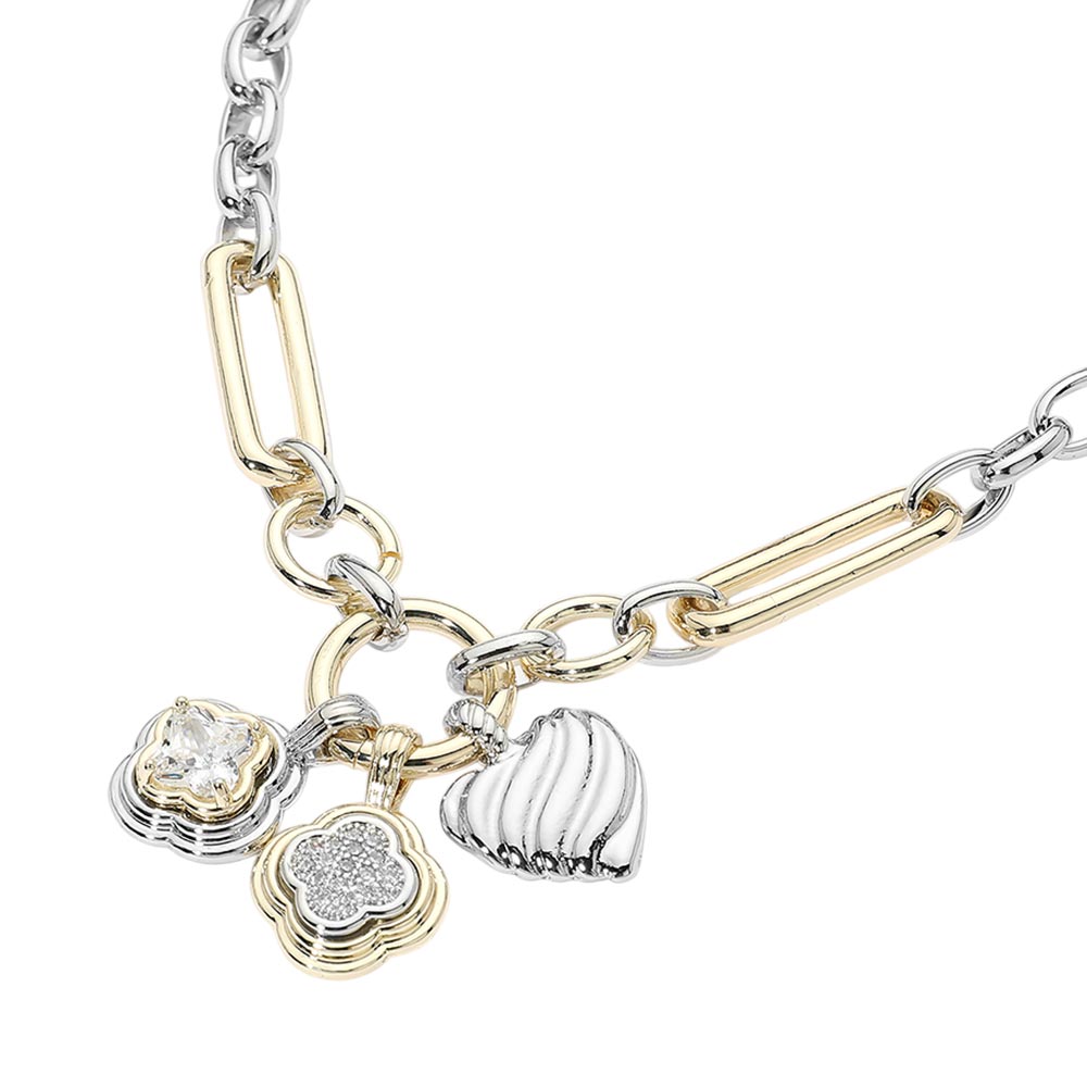 14K Gold Plated Two Tone CZ Quatrefoil Textured Metal Heart Charm Pendant Necklace M H W ACCESSORIES LLC 14K Gold Plated Two Tone CZ Quatrefoil Textured Metal Heart Charm Pendant Necklace