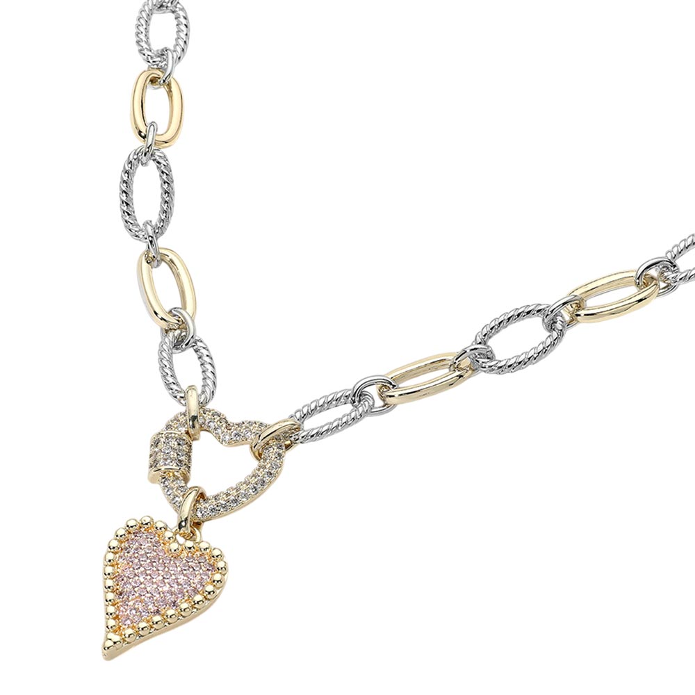 Two Tone 14K Gold Plated Rose CZ Pave Heart Pendant Oval Link Statement Necklace M H W ACCESSORIES LLC Two Tone 14K Gold Plated Rose CZ Pave Heart Pendant Oval Link Statement Necklace