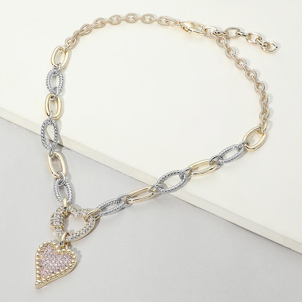 Two Tone 14K Gold Plated Rose CZ Pave Heart Pendant Oval Link Statement Necklace M H W ACCESSORIES LLC Two Tone 14K Gold Plated Rose CZ Pave Heart Pendant Oval Link Statement Necklace