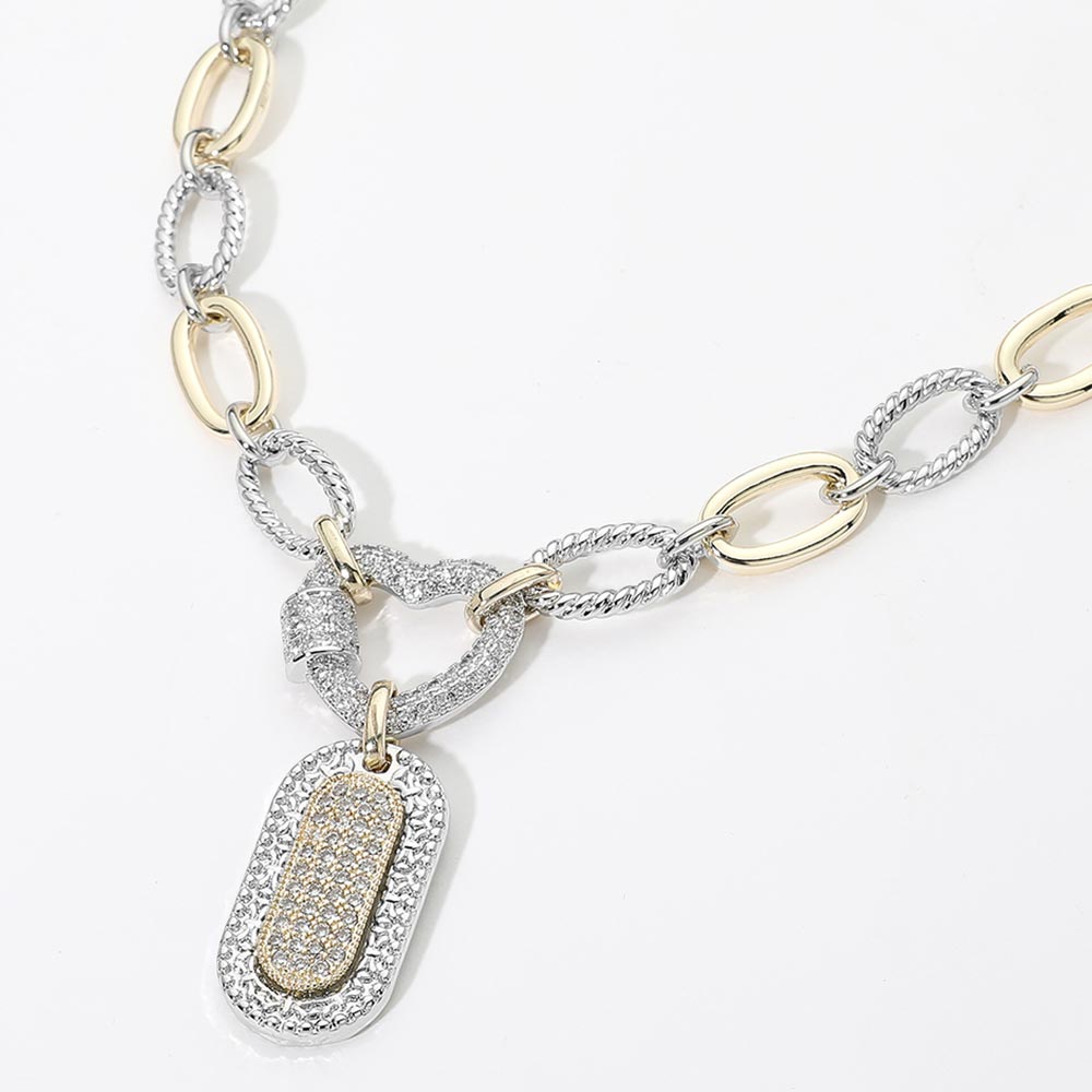 14K Gold Plated Two Tone Heart CZ Pave Dog Tag Pendant Necklace M H W ACCESSORIES LLC 14K Gold Plated Two Tone Heart CZ Pave Dog Tag Pendant Necklace
