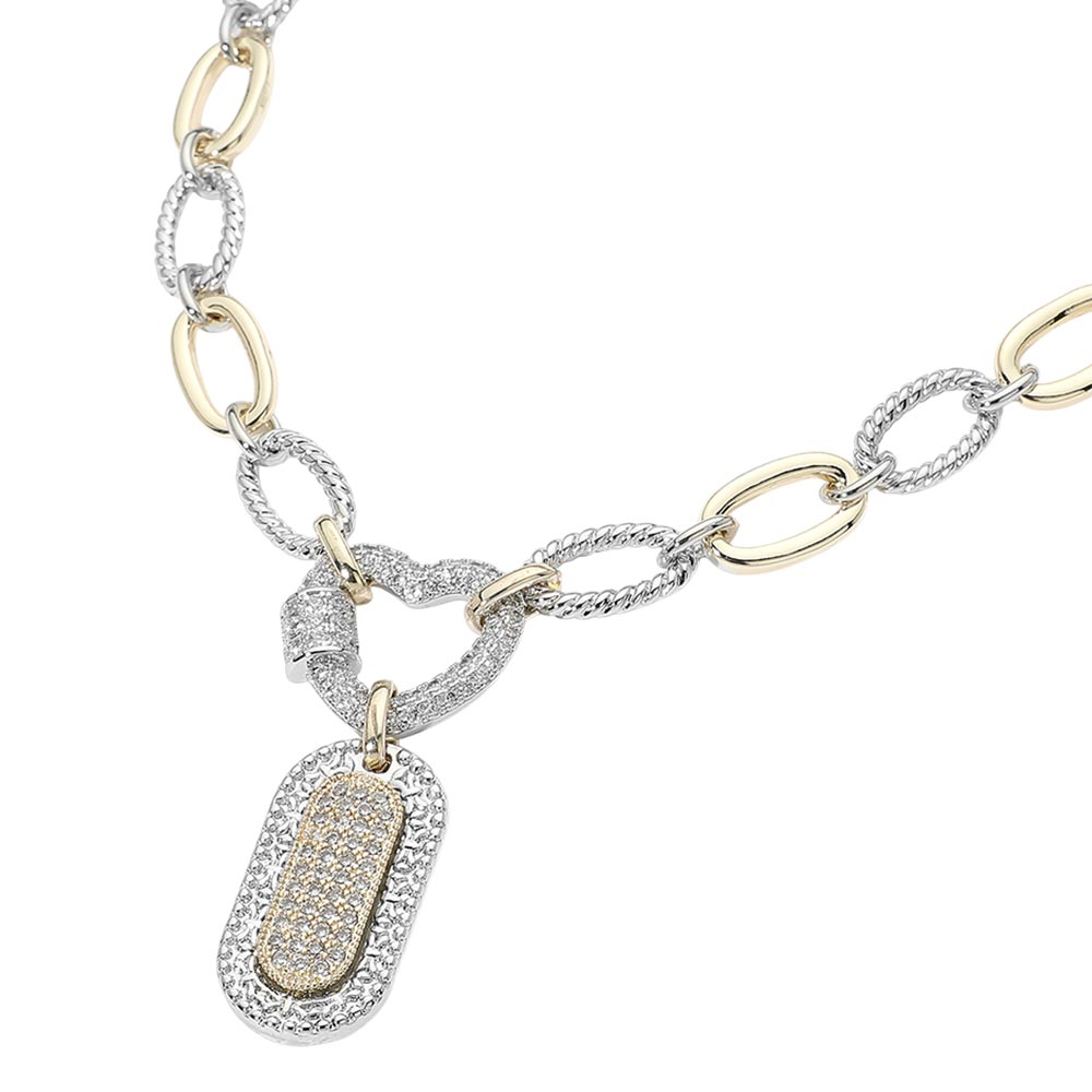 14K Gold Plated Two Tone Heart CZ Pave Dog Tag Pendant Necklace M H W ACCESSORIES LLC 14K Gold Plated Two Tone Heart CZ Pave Dog Tag Pendant Necklace