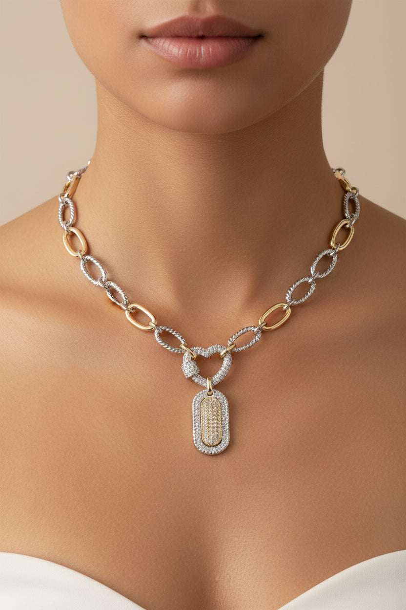 14K Gold Plated Two Tone Heart CZ Pave Dog Tag Pendant Necklace M H W ACCESSORIES LLC 14K Gold Plated Two Tone Heart CZ Pave Dog Tag Pendant Necklace