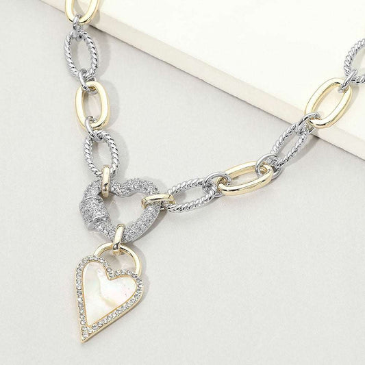 Two Tone 14K Gold Plated CZ Pave Heart Pendant Oval Link Statement Necklace M H W ACCESSORIES LLC Two Tone 14K Gold Plated CZ Pave Heart Pendant Oval Link Statement Necklace