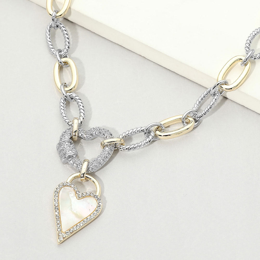Two Tone 14K Gold Plated CZ Pave Heart Pendant Oval Link Statement Necklace M H W ACCESSORIES LLC Two Tone 14K Gold Plated CZ Pave Heart Pendant Oval Link Statement Necklace