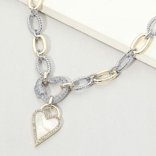 Two Tone 14K Gold Plated CZ Pave Heart Pendant Oval Link Statement Necklace M H W ACCESSORIES LLC Two Tone 14K Gold Plated CZ Pave Heart Pendant Oval Link Statement Necklace