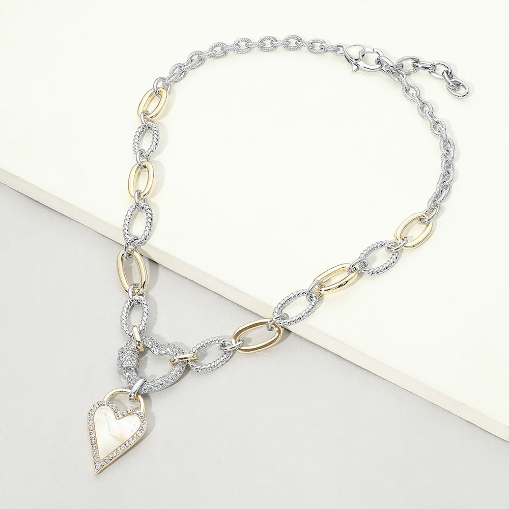 Two Tone 14K Gold Plated CZ Pave Heart Pendant Oval Link Statement Necklace M H W ACCESSORIES LLC Two Tone 14K Gold Plated CZ Pave Heart Pendant Oval Link Statement Necklace