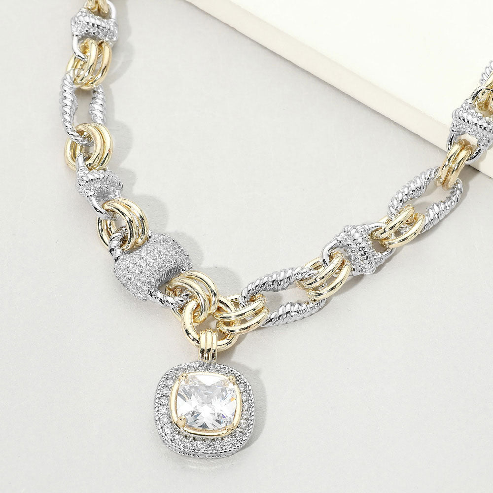 Two Tone 14K fashion Crystal Pendant Decorative Link Statement Necklace M H W ACCESSORIES LLC Two Tone 14K fashion Crystal Pendant Decorative Link Statement Necklace