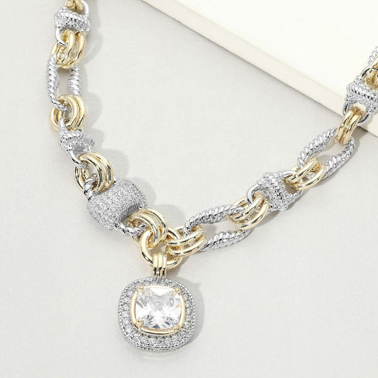Two Tone 14K fashion Crystal Pendant Decorative Link Statement Necklace M H W ACCESSORIES LLC Two Tone 14K fashion Crystal Pendant Decorative Link Statement Necklace