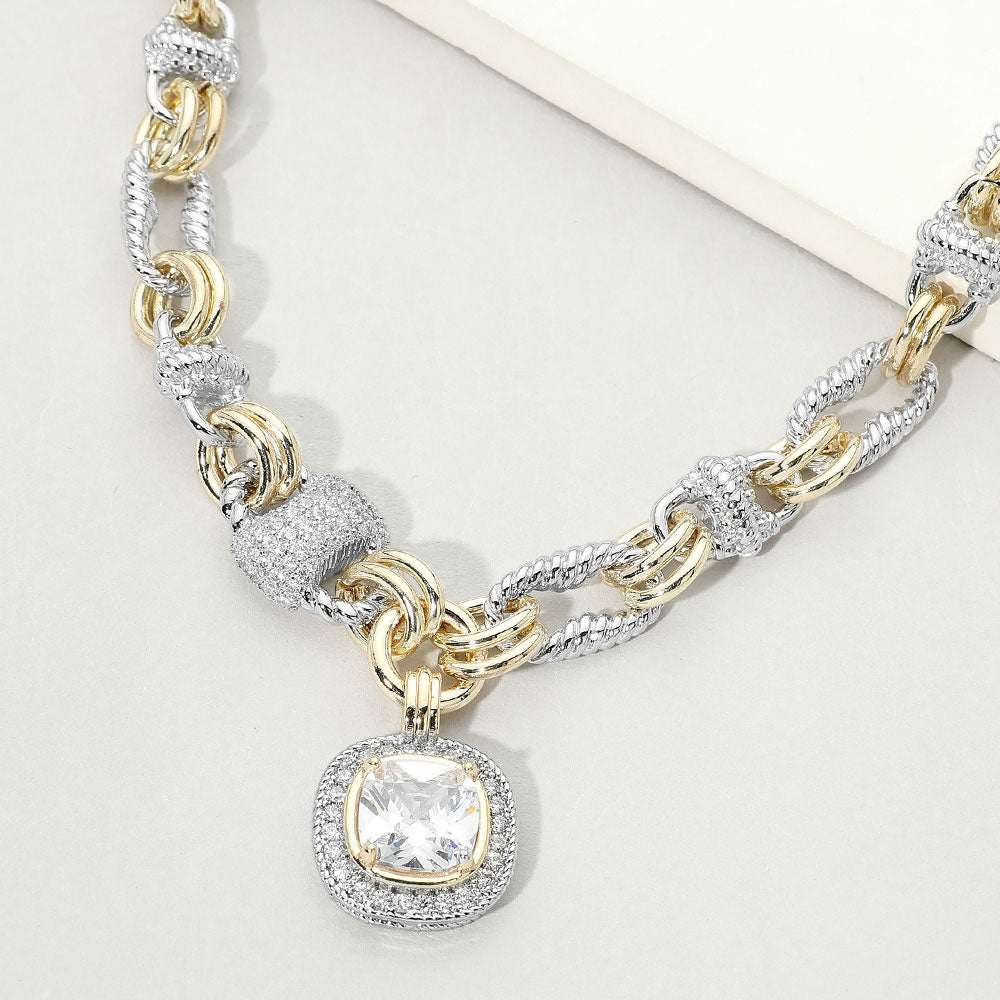 Two Tone 14K fashion Crystal Pendant Decorative Link Statement Necklace M H W ACCESSORIES LLC Two Tone 14K fashion Crystal Pendant Decorative Link Statement Necklace