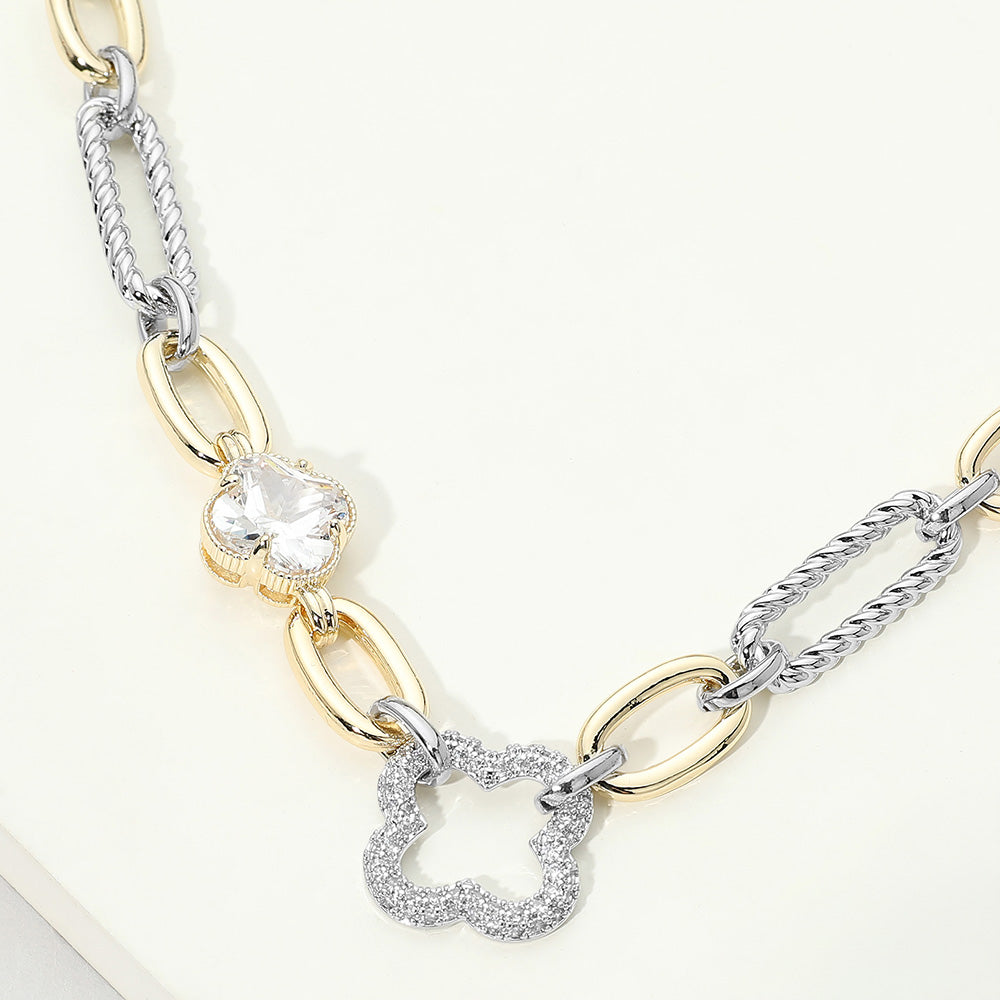 14K Gold Plated CZ Pave Clover Accent Mixed Link Statement Necklace M H W ACCESSORIES LLC 14K Gold Plated CZ Pave Clover Accent Mixed Link Statement Necklace