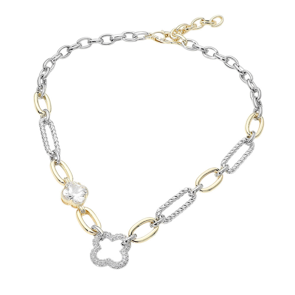 14K Gold Plated CZ Pave Clover Accent Mixed Link Statement Necklace M H W ACCESSORIES LLC 14K Gold Plated CZ Pave Clover Accent Mixed Link Statement Necklace