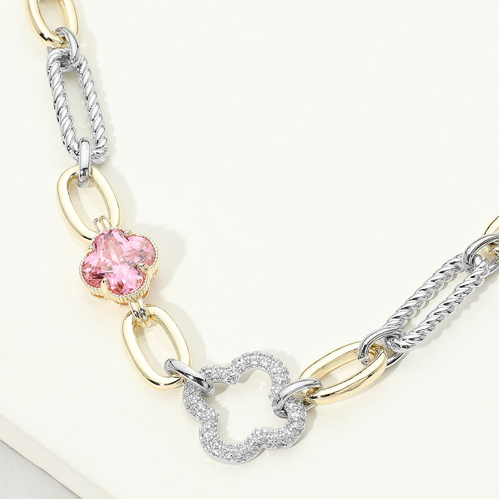 14K Gold Plated Rose CZ Pave Clover Accent Mixed Link Statement Necklace (Copy) M H W ACCESSORIES LLC 14K Gold Plated Rose CZ Pave Clover Accent Mixed Link Statement Necklace (Copy)