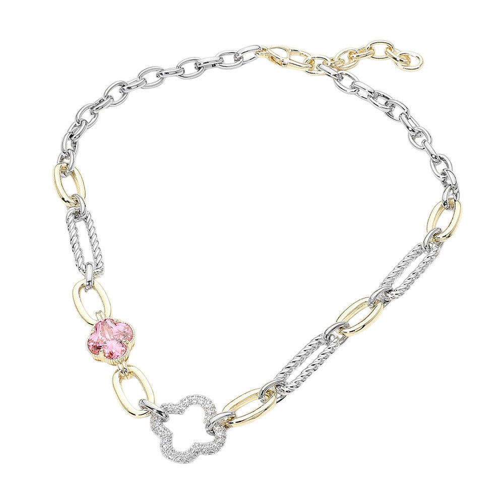 14K Gold Plated Rose CZ Pave Clover Accent Mixed Link Statement Necklace (Copy) M H W ACCESSORIES LLC 14K Gold Plated Rose CZ Pave Clover Accent Mixed Link Statement Necklace (Copy)