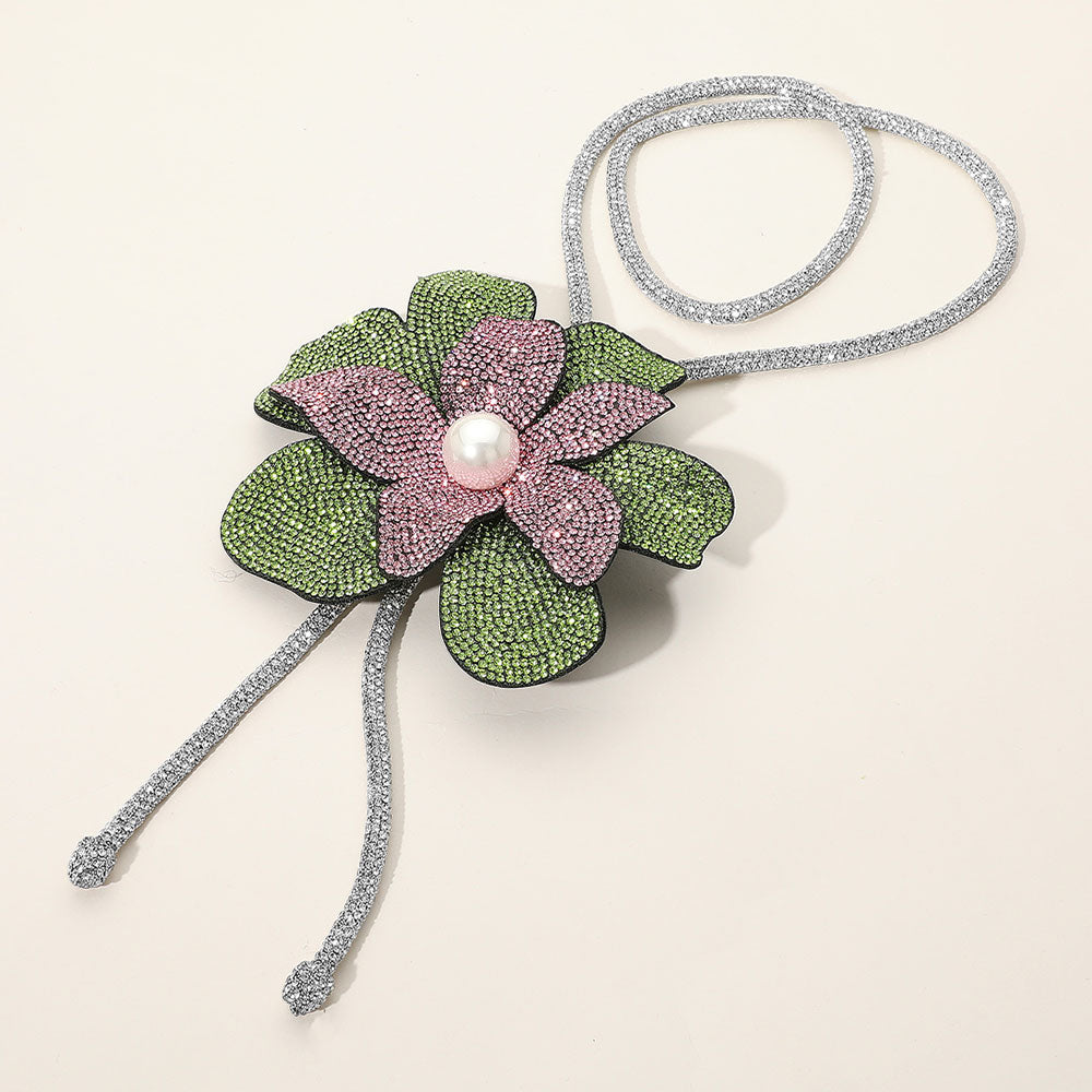 Pink & Green Pearl Pearl Centered Bling Studded Flower Pointed Bolo Tie Necklace