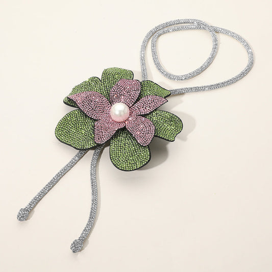 Pink & Green Pearl Pearl Centered Bling Studded Flower Pointed Bolo Tie Necklace