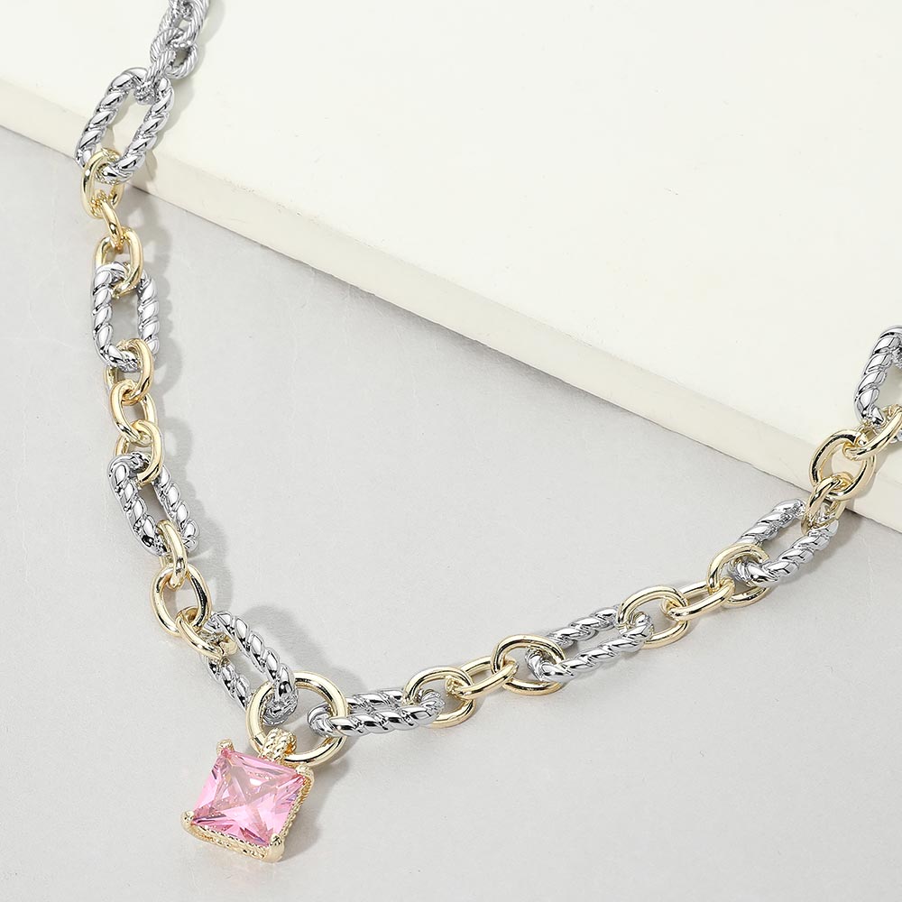 14K Gold Plated Two Tone Square CZ Stone Pendant Mixed Link Necklace M H W ACCESSORIES LLC 14K Gold Plated Two Tone Square CZ Stone Pendant Mixed Link Necklace
