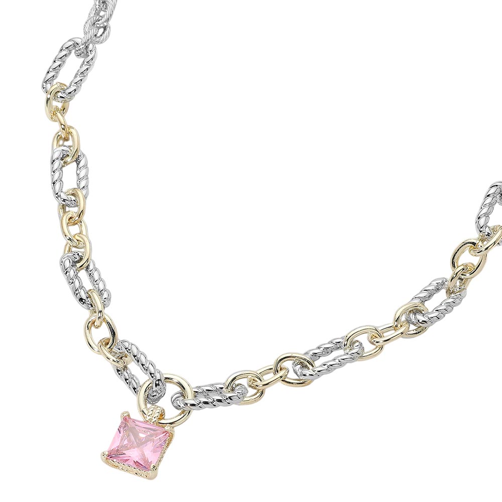 14K Gold Plated Two Tone Square CZ Stone Pendant Mixed Link Necklace M H W ACCESSORIES LLC 14K Gold Plated Two Tone Square CZ Stone Pendant Mixed Link Necklace