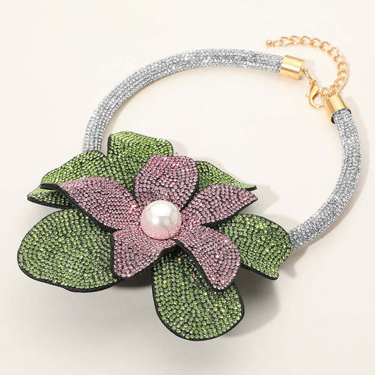Pink & Green Pearl Centered Bling Studded Oversized Flower Necklace (Copy)