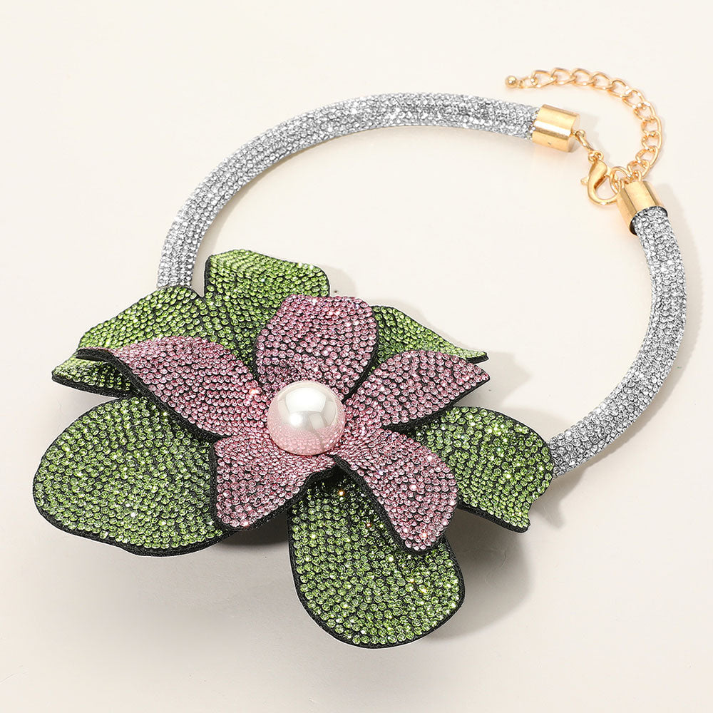 Pink & Green Pearl Centered Bling Studded Oversized Flower Necklace M H W ACCESSORIES LLC Pink & Green Pearl Centered Bling Studded Oversized Flower Necklace