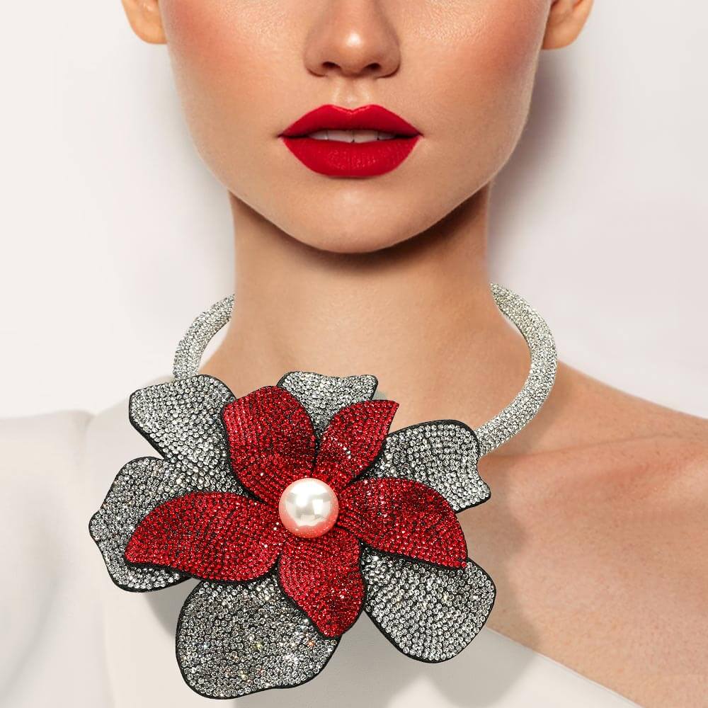 Siam & Silver  Pearl Centered Bling Studded Oversized Flower Necklace
