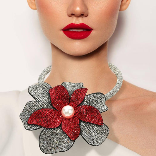 Siam & Silver  Pearl Centered Bling Studded Oversized Flower Necklace