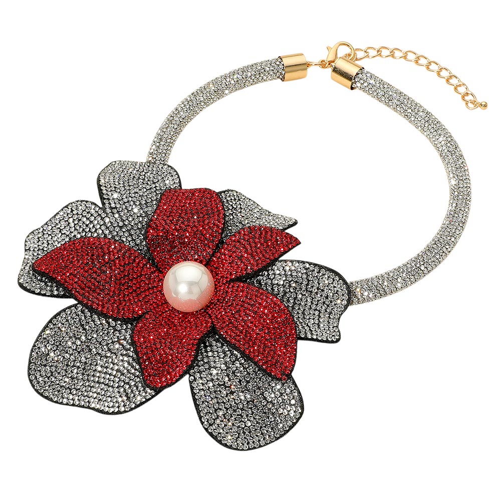 Siam & Silver  Pearl Centered Bling Studded Oversized Flower Necklace
