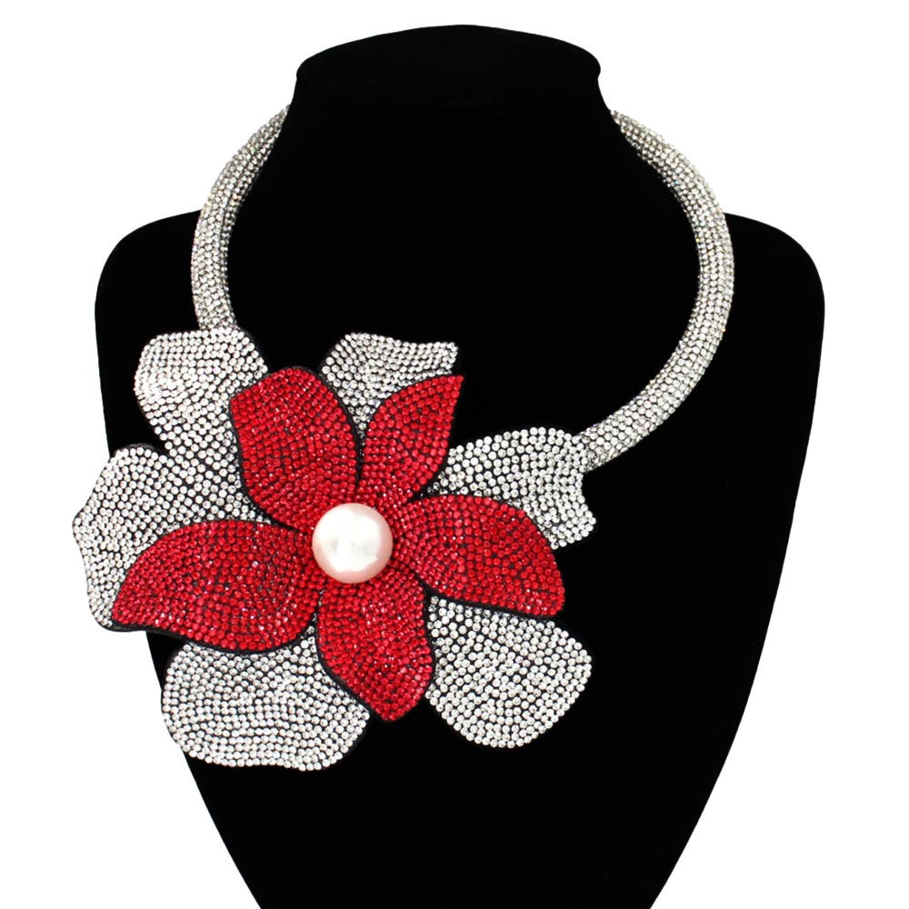 Siam & Silver  Pearl Centered Bling Studded Oversized Flower Necklace