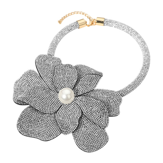 Silver Pearl Centered Bling Studded Oversized Flower Necklace
