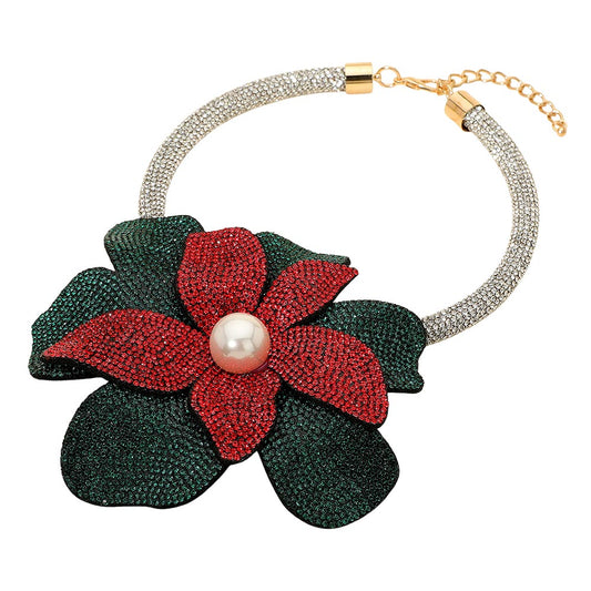 Christmas Red & Green Pearl Centered Bling Studded Oversized Flower Pointed Necklace M H W ACCESSORIES LLC Christmas Red & Green Pearl Centered Bling Studded Oversized Flower Pointed Necklace