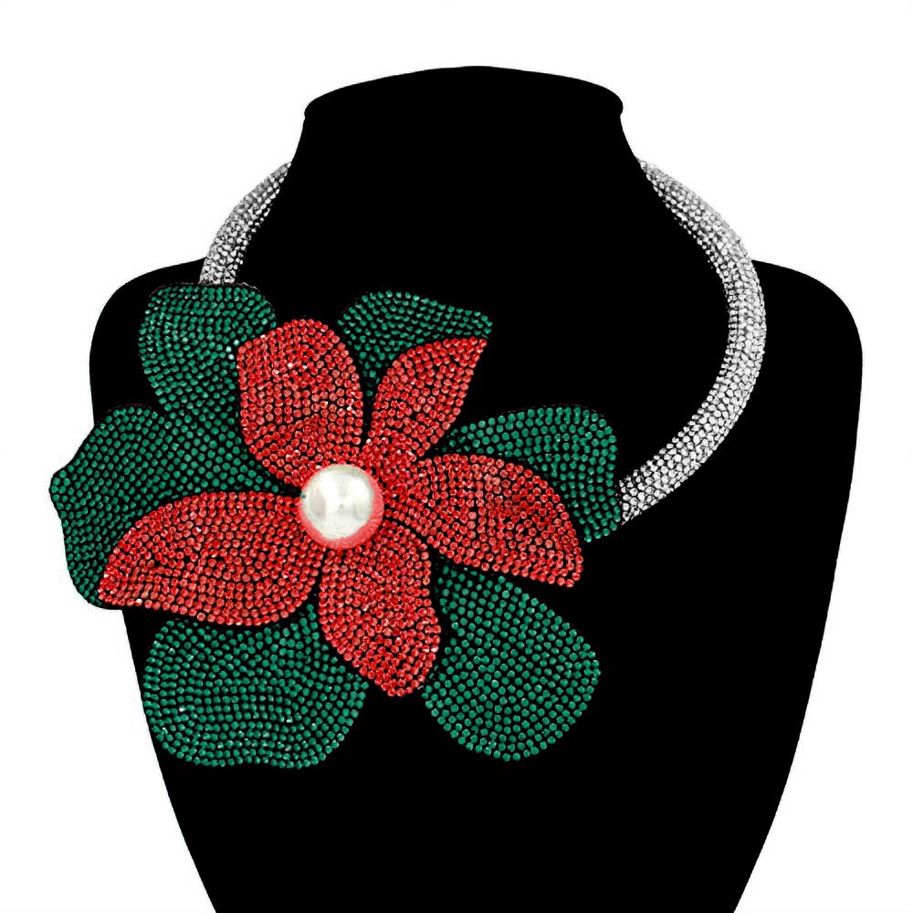 Christmas Red & Green Pearl Centered Bling Studded Oversized Flower Pointed Necklace M H W ACCESSORIES LLC Christmas Red & Green Pearl Centered Bling Studded Oversized Flower Pointed Necklace