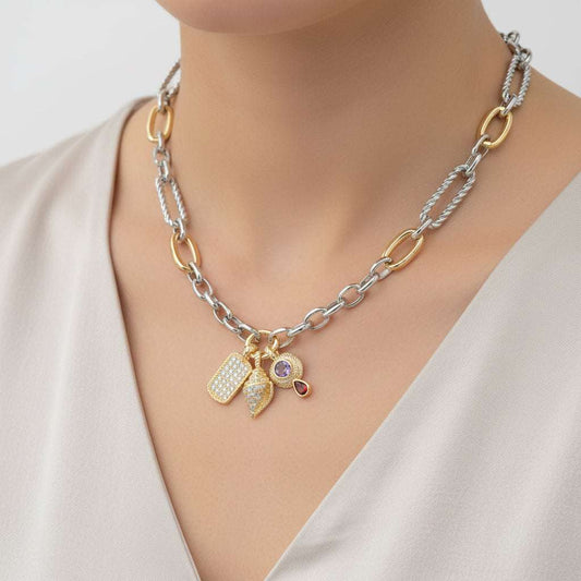14K Gold Plated Two Tone CZ Dog Tag Conch Shell Charm Pendant Necklace M H W ACCESSORIES LLC 14K Gold Plated Two Tone CZ Dog Tag Conch Shell Charm Pendant Necklace
