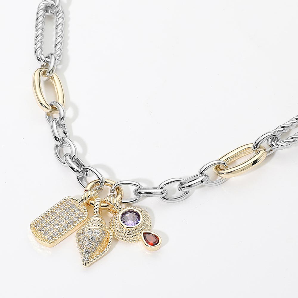 14K Gold Plated Two Tone CZ Dog Tag Conch Shell Charm Pendant Necklace M H W ACCESSORIES LLC 14K Gold Plated Two Tone CZ Dog Tag Conch Shell Charm Pendant Necklace