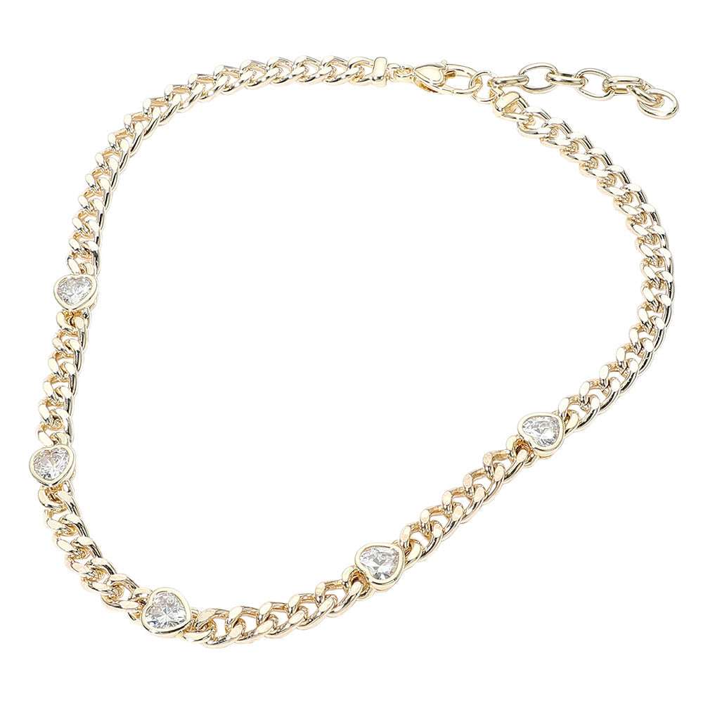 14K Gold Plated Heart CZ Gem Station Cuban Chain Necklace M H W ACCESSORIES LLC 14K Gold Plated Heart CZ Gem Station Cuban Chain Necklace