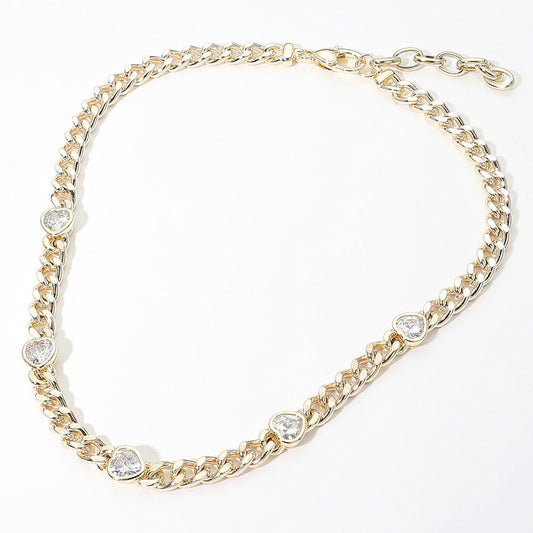 14K Gold Plated Heart CZ Gem Station Cuban Chain Necklace M H W ACCESSORIES LLC 14K Gold Plated Heart CZ Gem Station Cuban Chain Necklace