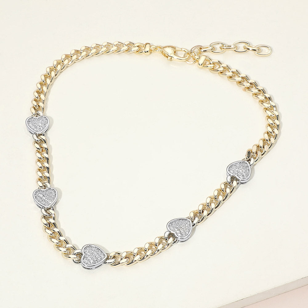 14K Gold Plated Heart CZ Pave Charm Station Cuban Chain Necklace M H W ACCESSORIES LLC 14K Gold Plated Heart CZ Pave Charm Station Cuban Chain Necklace