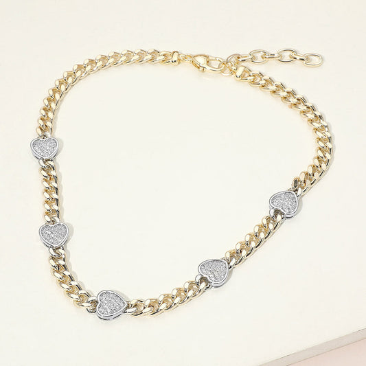 14K Gold Plated Heart CZ Pave Charm Station Cuban Chain Necklace M H W ACCESSORIES LLC 14K Gold Plated Heart CZ Pave Charm Station Cuban Chain Necklace