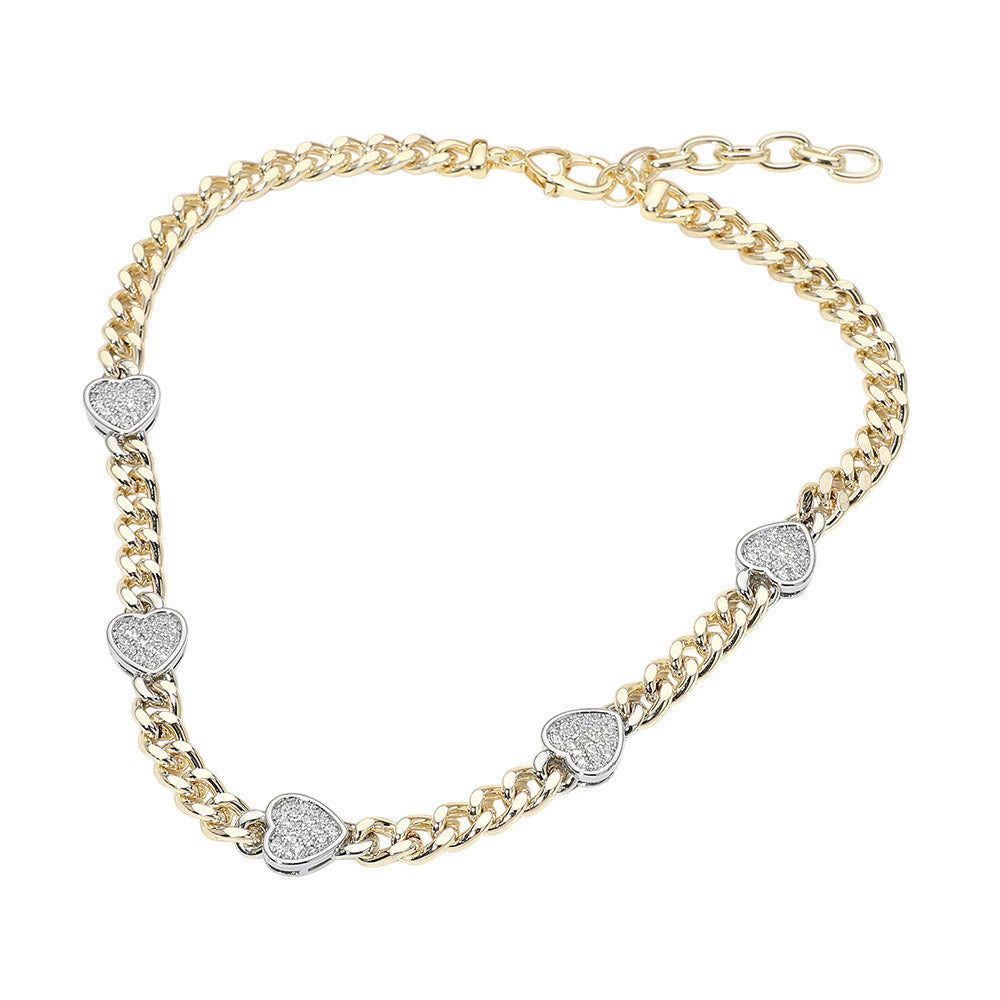 14K Gold Plated Heart CZ Pave Charm Station Cuban Chain Necklace M H W ACCESSORIES LLC 14K Gold Plated Heart CZ Pave Charm Station Cuban Chain Necklace