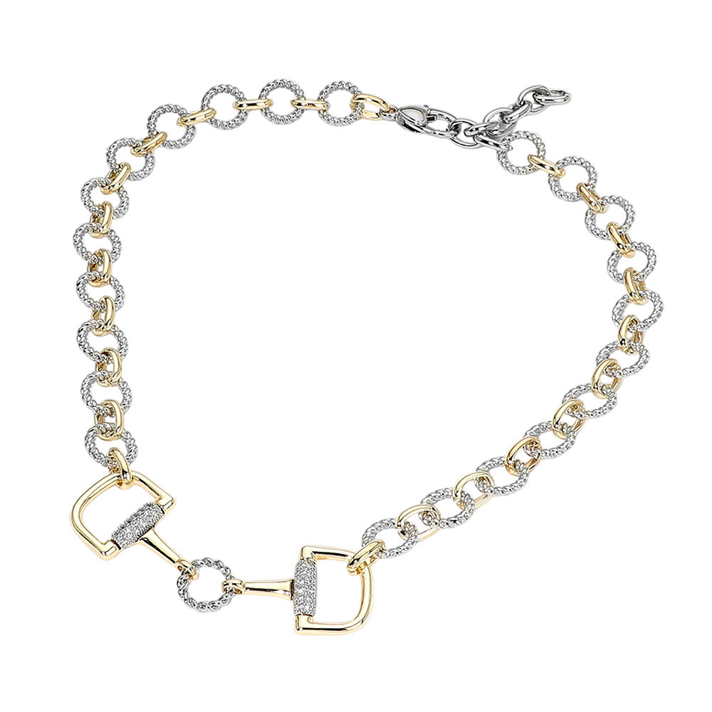 14K Gold Plated CZ Two Tone Pave Horsebit Link Chain Necklace M H W ACCESSORIES LLC 14K Gold Plated CZ Two Tone Pave Horsebit Link Chain Necklace