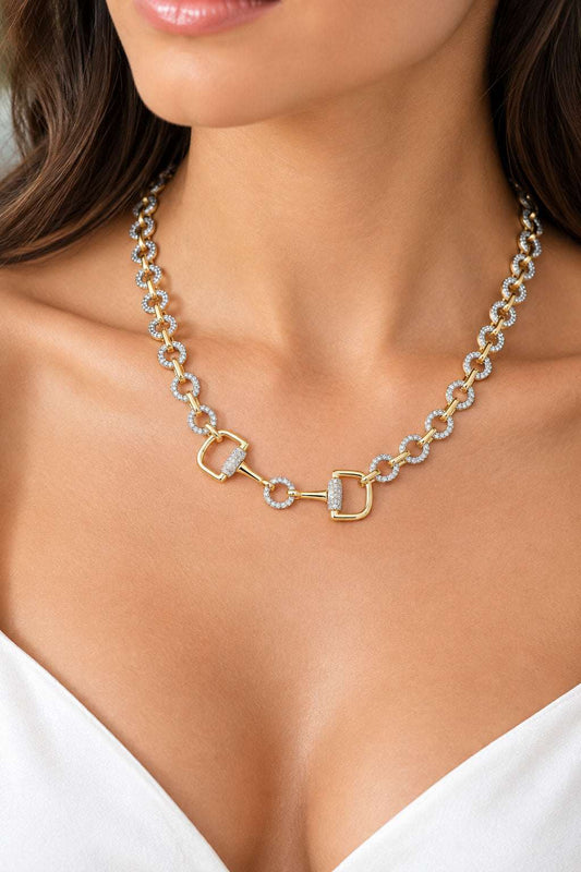 14K Gold Plated CZ Two Tone Pave Horsebit Link Chain Necklace M H W ACCESSORIES LLC 14K Gold Plated CZ Two Tone Pave Horsebit Link Chain Necklace