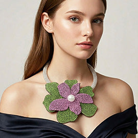 Pink & Green Pearl Centered Bling Studded Oversized Flower Necklace M H W ACCESSORIES LLC Pink & Green Pearl Centered Bling Studded Oversized Flower Necklace